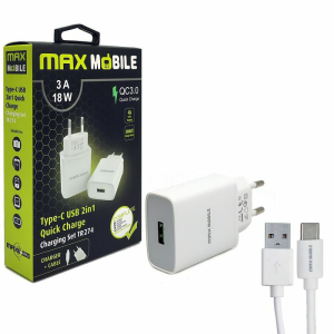 Maxmobile kućni punjač set 2u1 QC 3.0 QUICK CHARGE USB + TYPE C, 3A, 15W bijeli