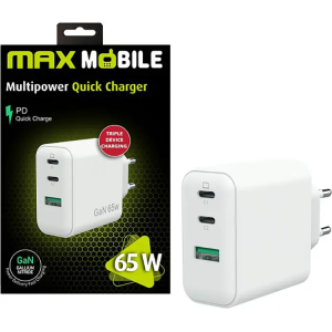 MAXMOBILE KUĆNI PUNJAČ PD SUPER FAST CHARGE Duo TypeC+USB-A,3UTR2076-QP,GaN 65W